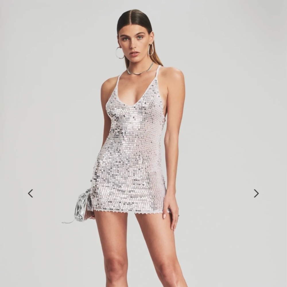 Retrofete Crochet Sequin Mini Dress in Silver/White XS/S